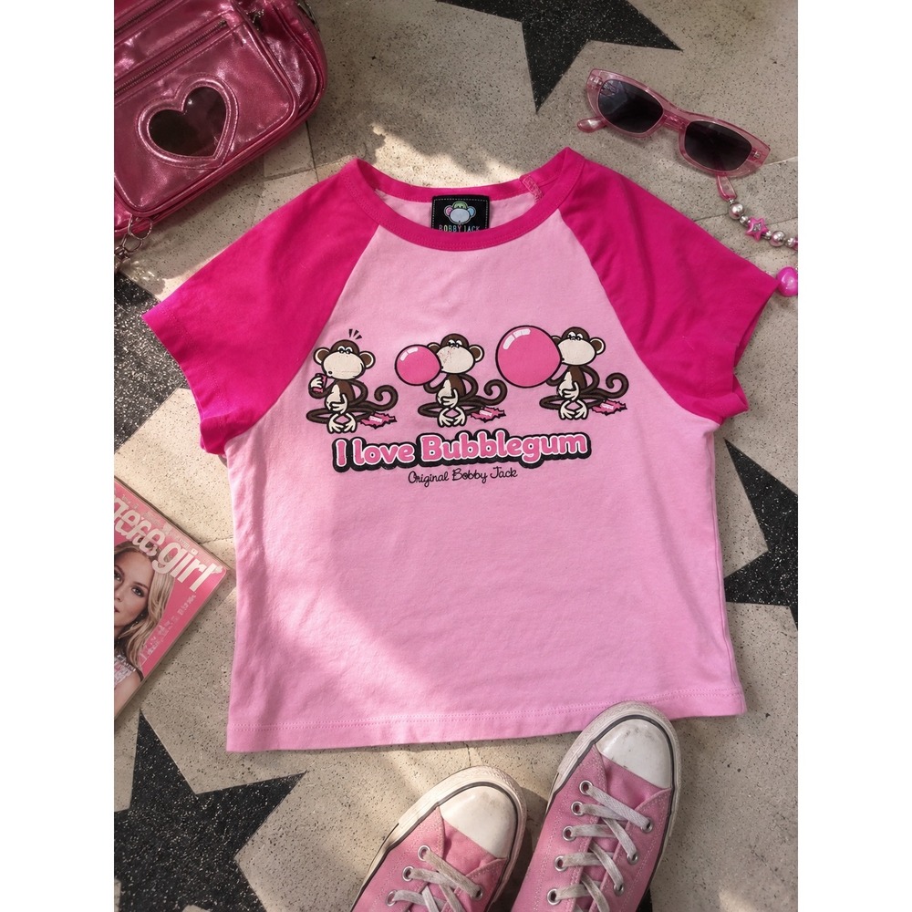 Y2K 2000's Bobby Jack Pink Raglan Baby Tee Monkey Graphic Shirt XS